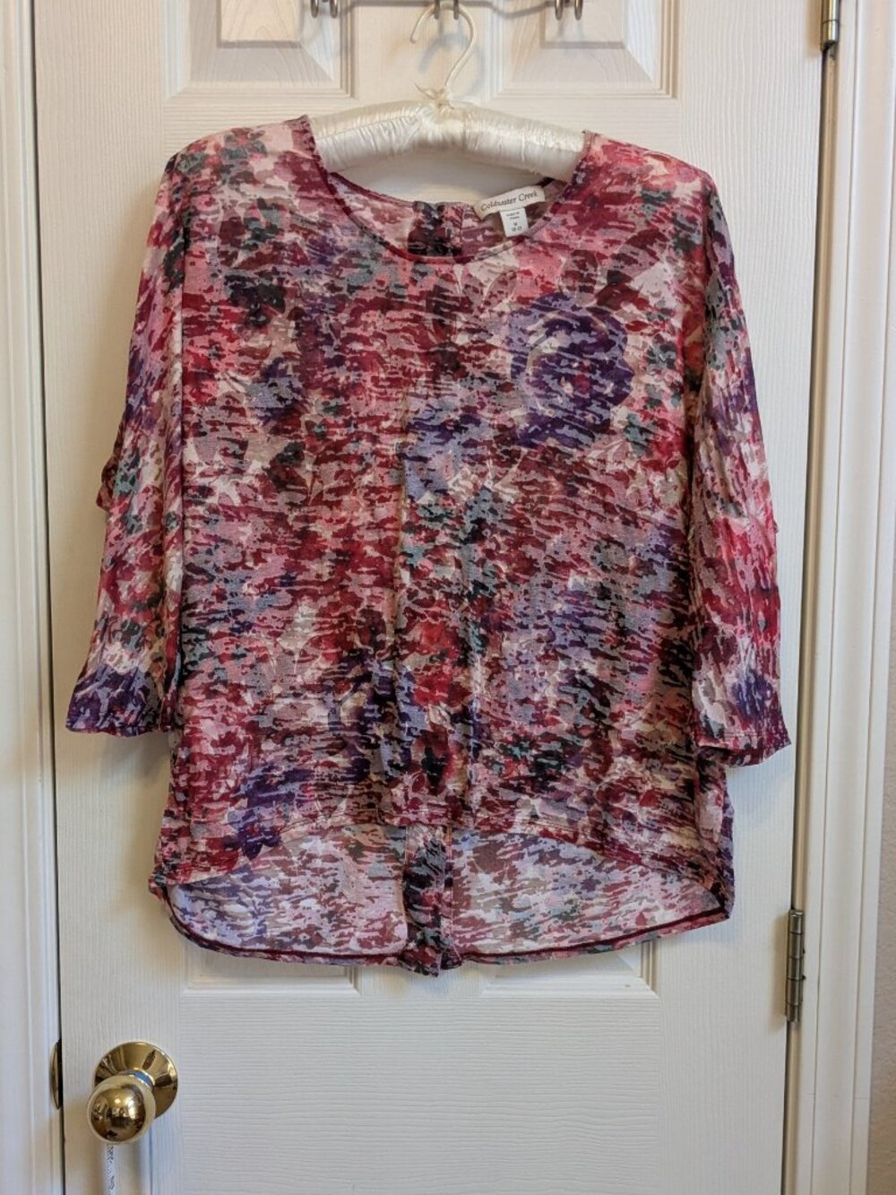 Coldwater Creek Pullover Shirt Back Button Trim Semi Sheer Blouse
